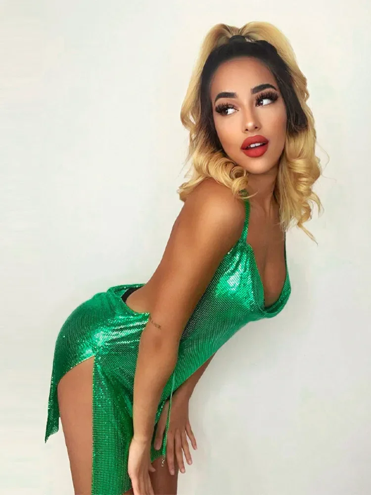 Bright Silk Bodycon Dress For Women Y2k Clothes Swinging Collar Sexi Night Dress Hot Club Outfit Split Vestido De Mujer Backless
