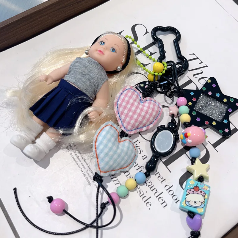 Golden Long Hair Doll Bag Pendant with Gingham Heart   Cute Bag Accessory