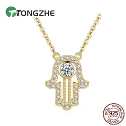 TONGZHE 925 Sterling Silver Hamsa Hand Necklace Lucky Fatima Pendant Long Necklace Women Jewelry Gold Chain Initial Necklace