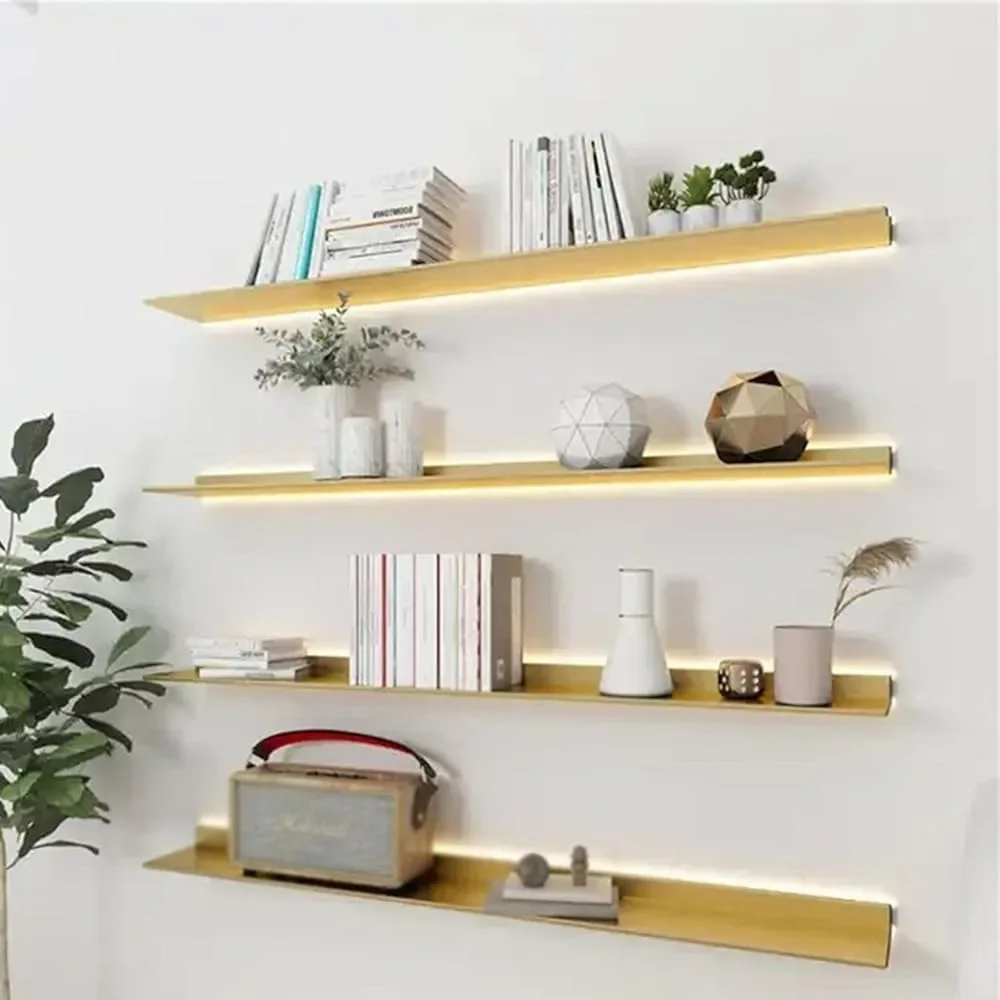 

Golden Aluminum Alloy Floating Shelves with LED Warm Light- Perfect Plant Shelf and Bookshelf Wall Mounted for Modern Home Decor