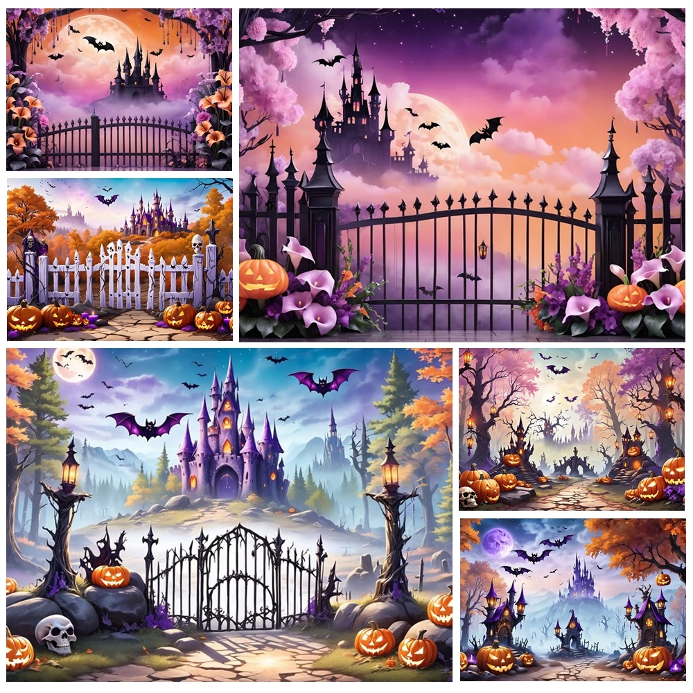 

MOON.QG Castle Halloween Entrance Background Photography Castle Wrought Iron Gates Custom Backdrop Decoration Poster Photozone