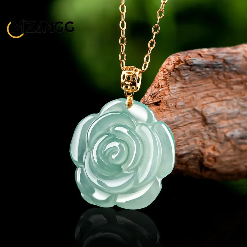 18K Gold Natural A Goods Jadeite Blue Water Rose Pendant High-grade Ice Kind Exquisite Fashion Women's Jade Necklace Gift