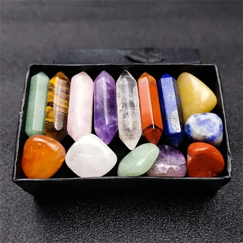 14pcs Hexagonal Column Set Double Pointed Column Green Dongling Tiger Eye Purple Crystal Powder Crystal Exquisite Gift Box
