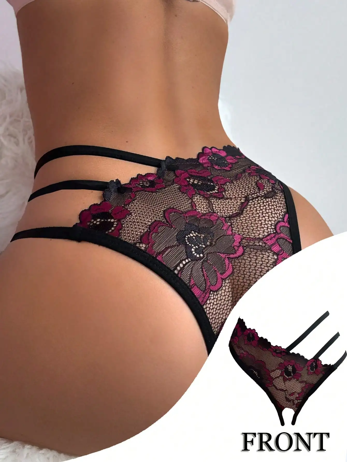 

Black Floral Lace Crotchless Panties with Strappy Back Detail for Women