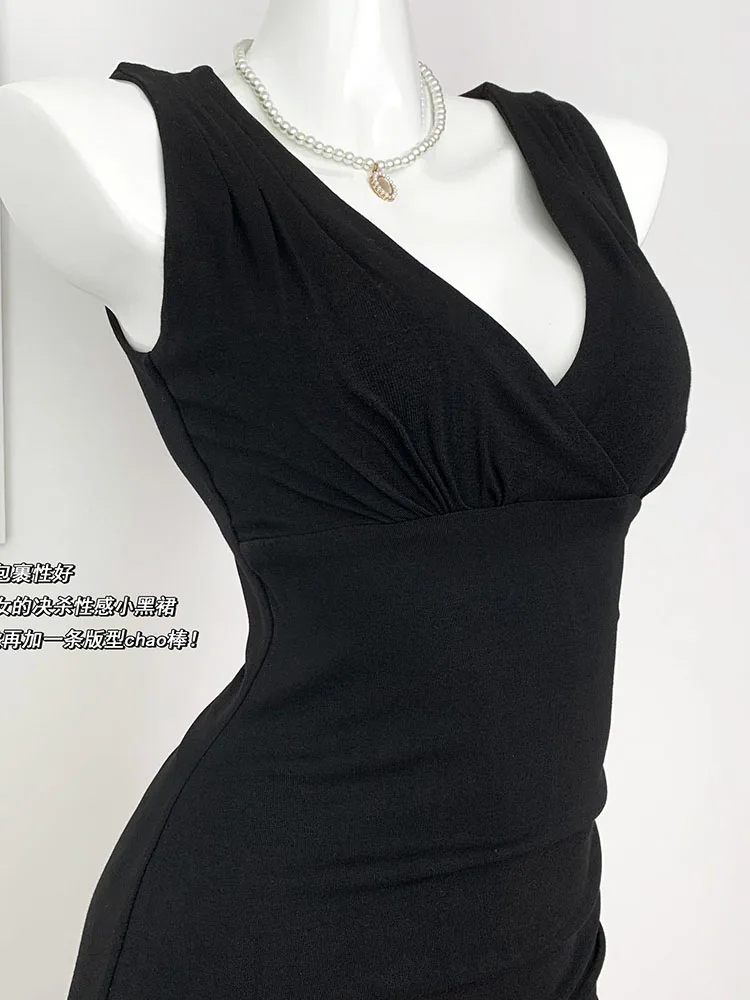 American Style Black Sexy Slim Sheath Dress Women V-Neck Wrap Hip Mini Camisole One-Piece Frocks Autumn 2024 Chic Evening Dress