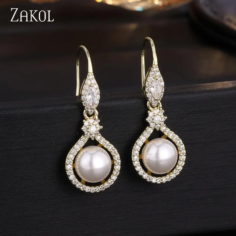 ZAKOL Round Copper Micro-set Zircon Imitation Pearl Dangle Earrings For Women Exquisite Fashion Charm Jewelry Accessories Gifts