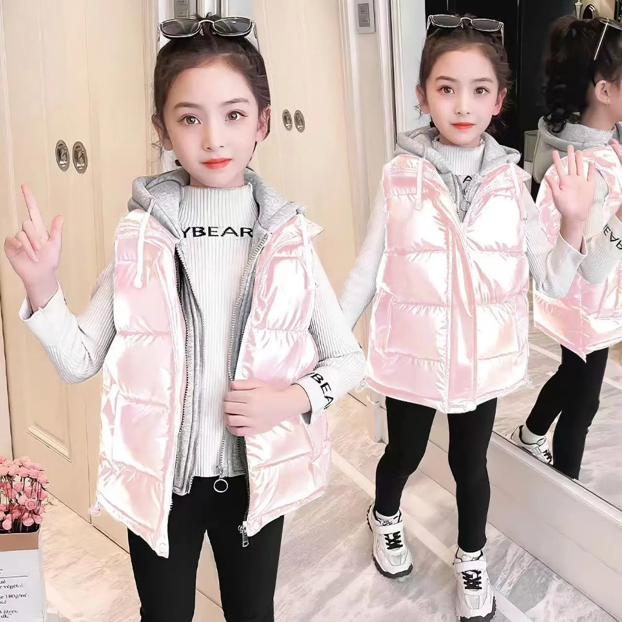 Winter Child Waistcoat Cotton Girls Vest Kids Jackets Children Outerwear Wearing Shiny Leather on The Outside of The Vest R13