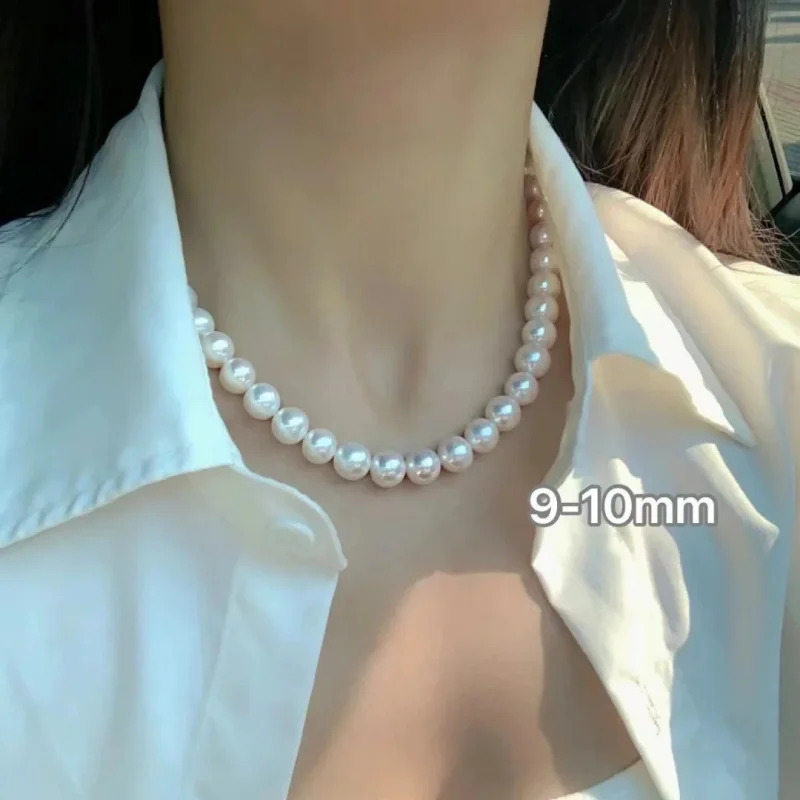 

Natural freshwater pearl necklace 9-10mm, perfectly round, almost, high luster, with s925 silver clasp