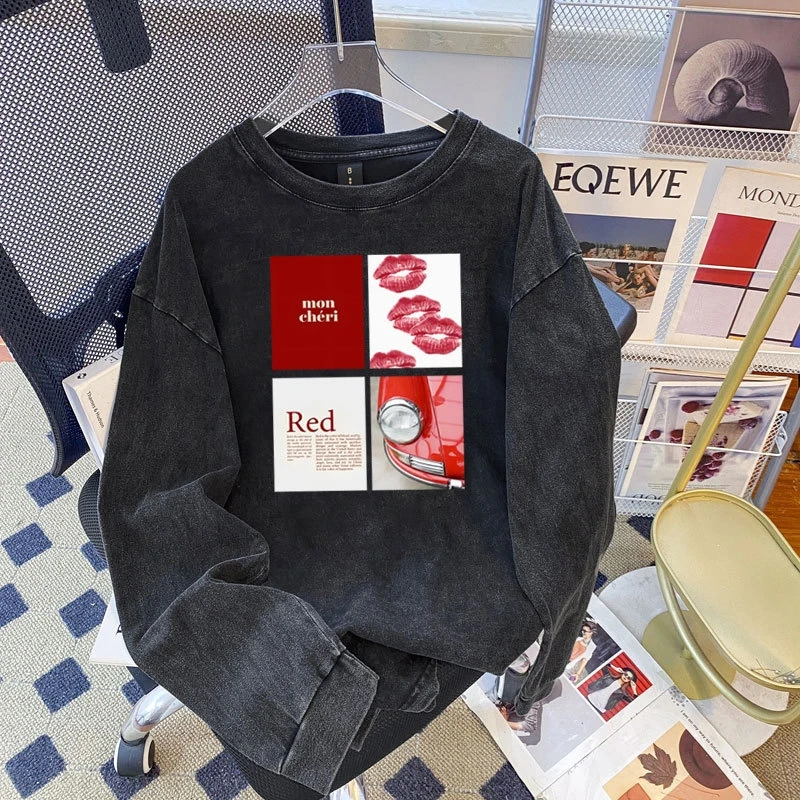 Faionable Casual Loose round Ne Long Sve Bedrucktes Top Damen Baumwoll-T-Shirt Vintage Waed Sle Herbst Saisonale Kleidung