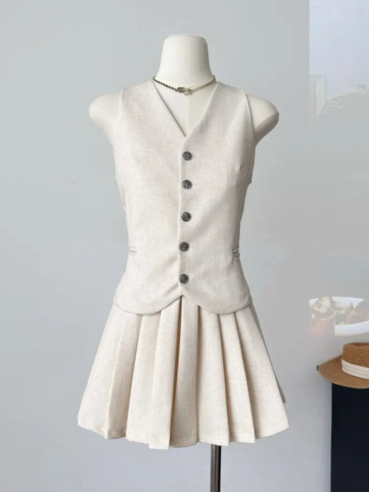 

Женский комплект из 2-х предметов, элегантный повседневный костюм в Корейском стиле из жилета и плиссированной мини-юбки, лето