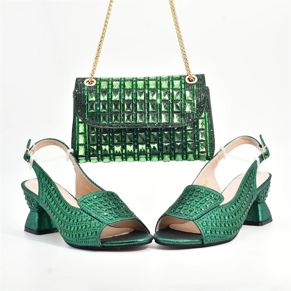 Green Women Shoes And Bag Set Fashion African Ladies High Heels Stones Sandals Match With Handbag Pumps Sandales Femmes 938-81