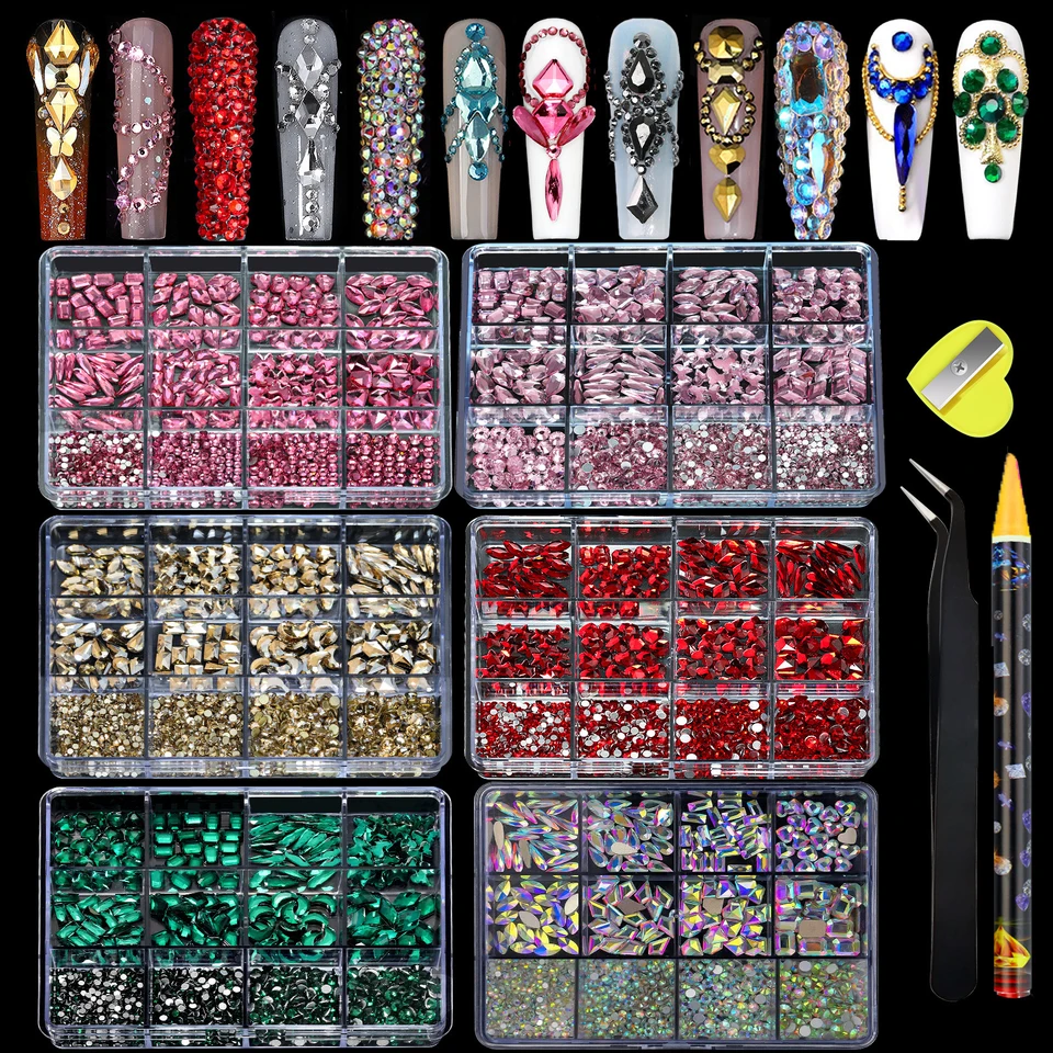 780-980 piezas de strass 3D de lujo para uñas, cristales transparentes/AB/rojos/azules de base plana, con lápiz de cera y pinzas, en caja 2