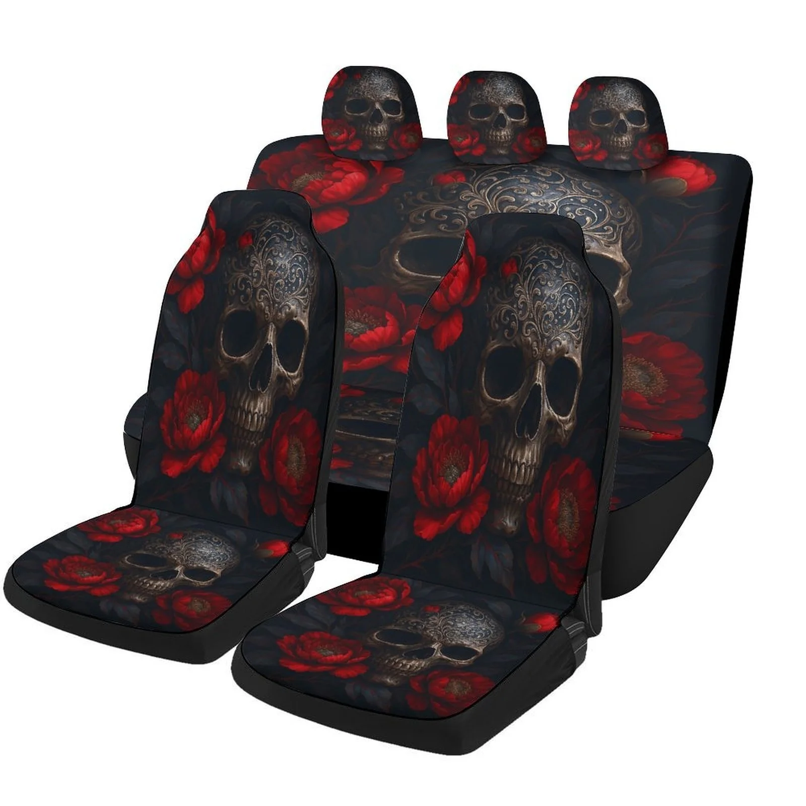

Skull Blossoms Themed Car Seat Covers Set For Most Cars, Decorative Fashionable High-quality Car Seat Protector Covers Full Set,