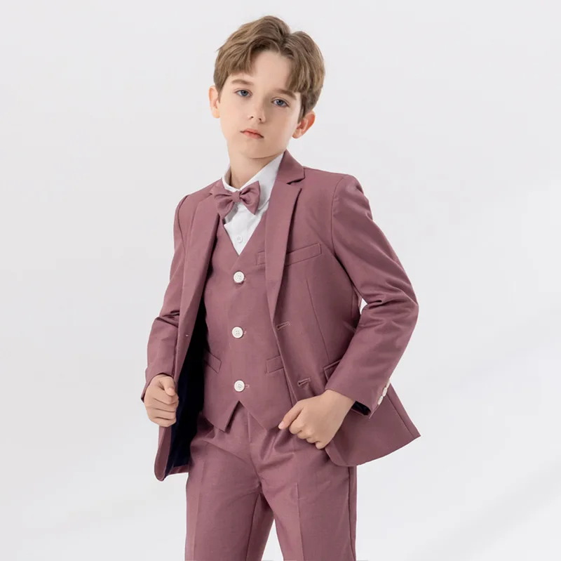 Children White Pink Jacket Vest Pants Bowtie 4PS Ceremony Photograph Suit Kids Piano Party Dress Flower Boys Performance Costume