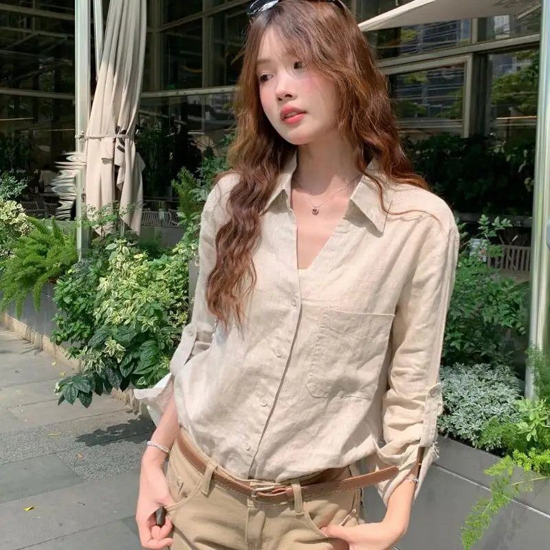 

Новая винтажная синяя блузка в клетку из хлопка, кардиган для женщин, весна-лето 2026, повседневная модная свободная универсальная рубашка с длинным рукавом