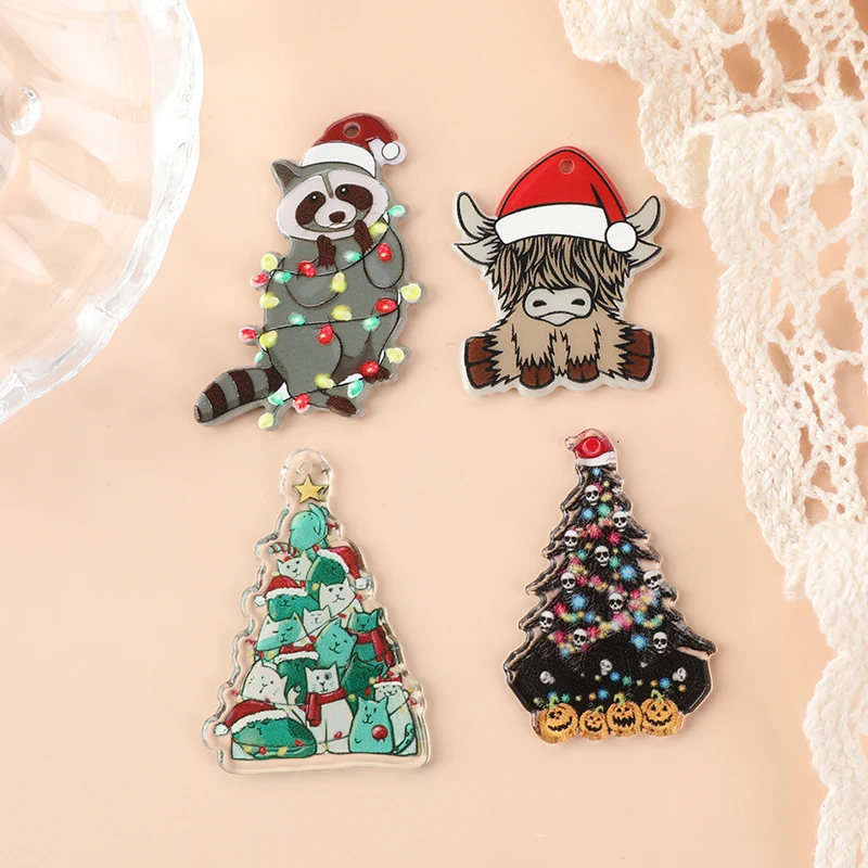 8pcs Christmas Charms Creative Acrylic Cute Raccoon Cat Tree Pendant Fashion Accessories For Diy Making