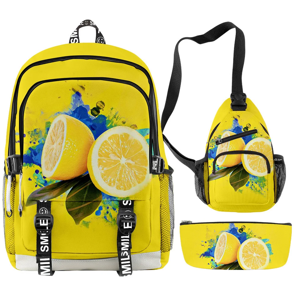 

Classic Novelty Peculiar Cool lemon 3D Printed 3pcs/Set Student School Bags multifunction Travel Backpack Chest Bag Pencil Case
