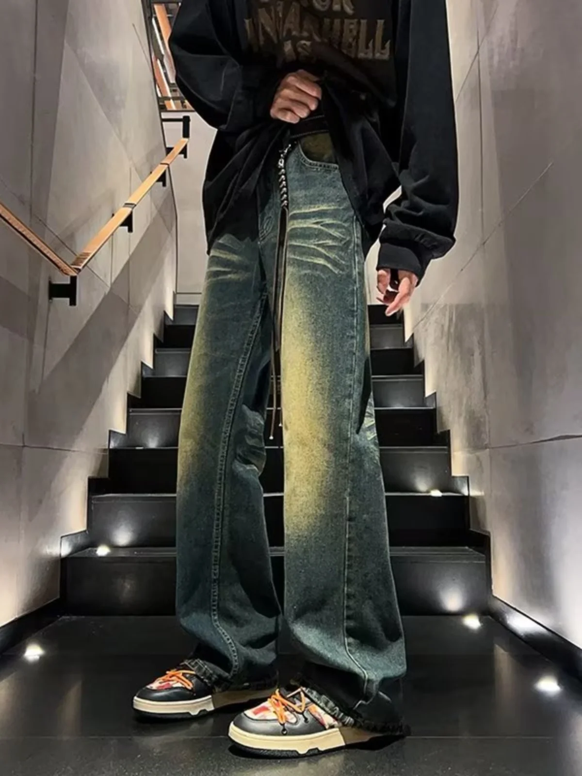 

American High Street Vibe Men's Loose Fit Yellow Clay Dyed Jeans Trendy Brand INS Straight Leg Clean Fit Flared Pants