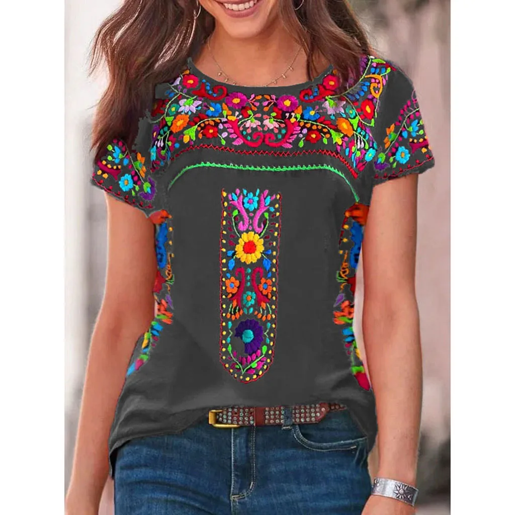 Bohemian style short sleeve V-neck women top 3D printed color Mexican flower T-shirt printed shirt New basic T-shirt