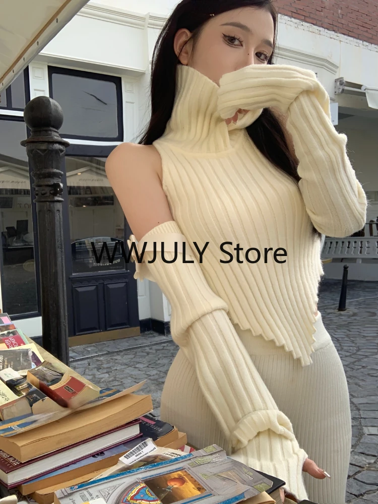 2023 Autumn for Women Korean Fashion Retro Warm Soft Cashmere Sweater Removable Sleeves Slim Knitted Pullover Tops Office Lady