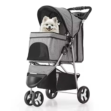 

Lightweight Foldable Pet Stroller with 3 Wheels Oxford and Mesh Trolley Carrier for Small/Medium Dogs Storage Basket