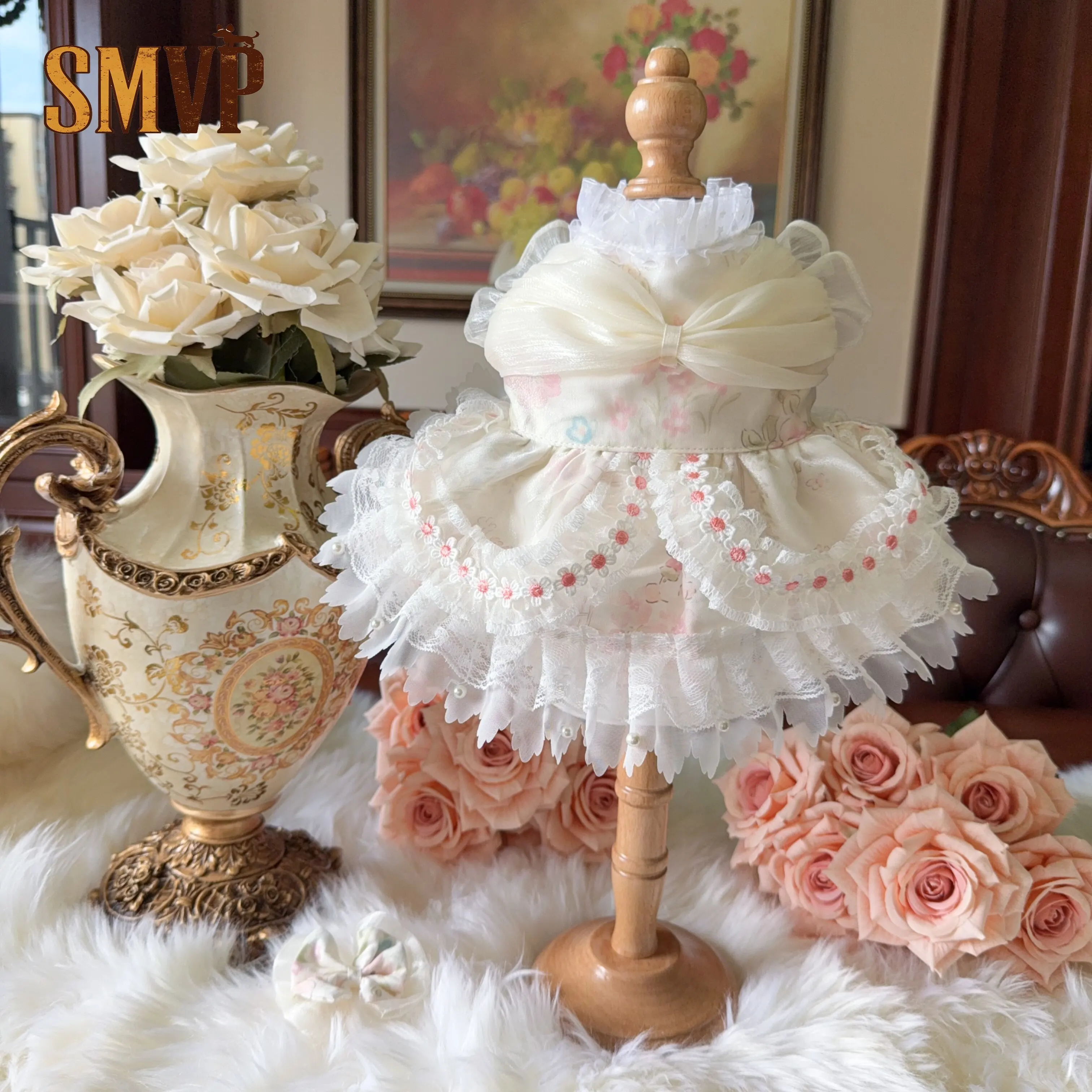

Original Design Spring Summer Limited Gentle Cream Lace Dress French Vintage Style Pet Kitten Puppy Lolita Dress