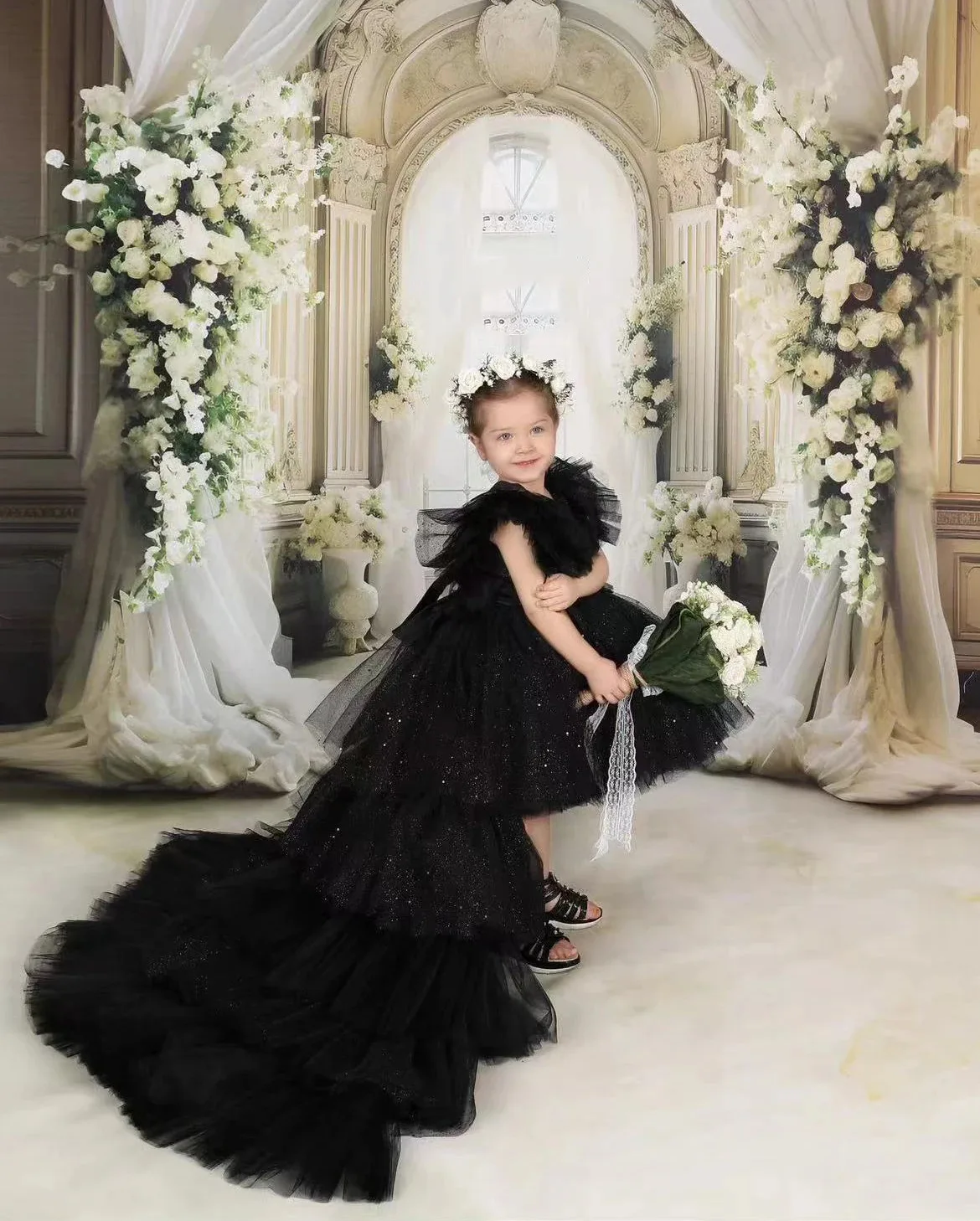 Black Layered Flower Girl Dress For Wedding Shining O-neck Princess First Communion Birthday Party Ball Gowns 2024 New