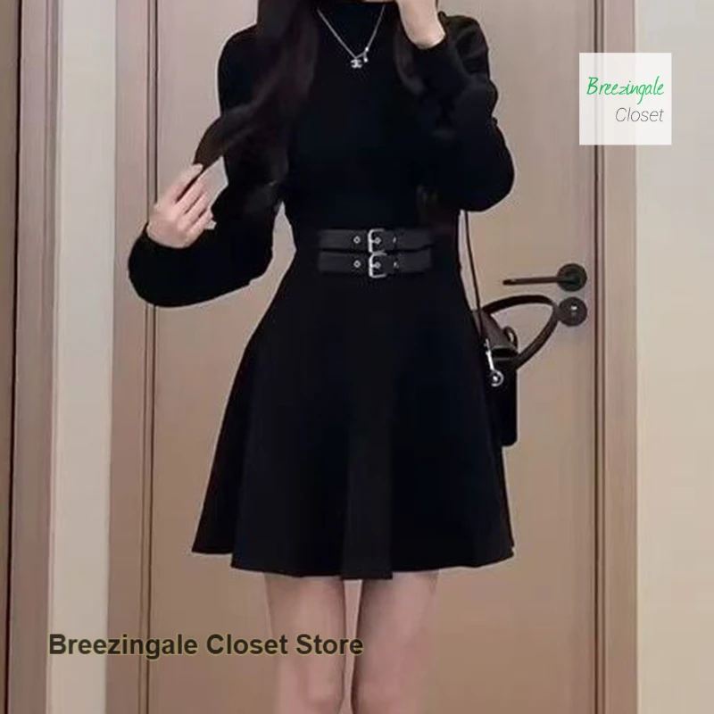

French Hepburn wind autumn and winter black waist long-sleeved short skirt women's new temperament high-necked slim senior dress