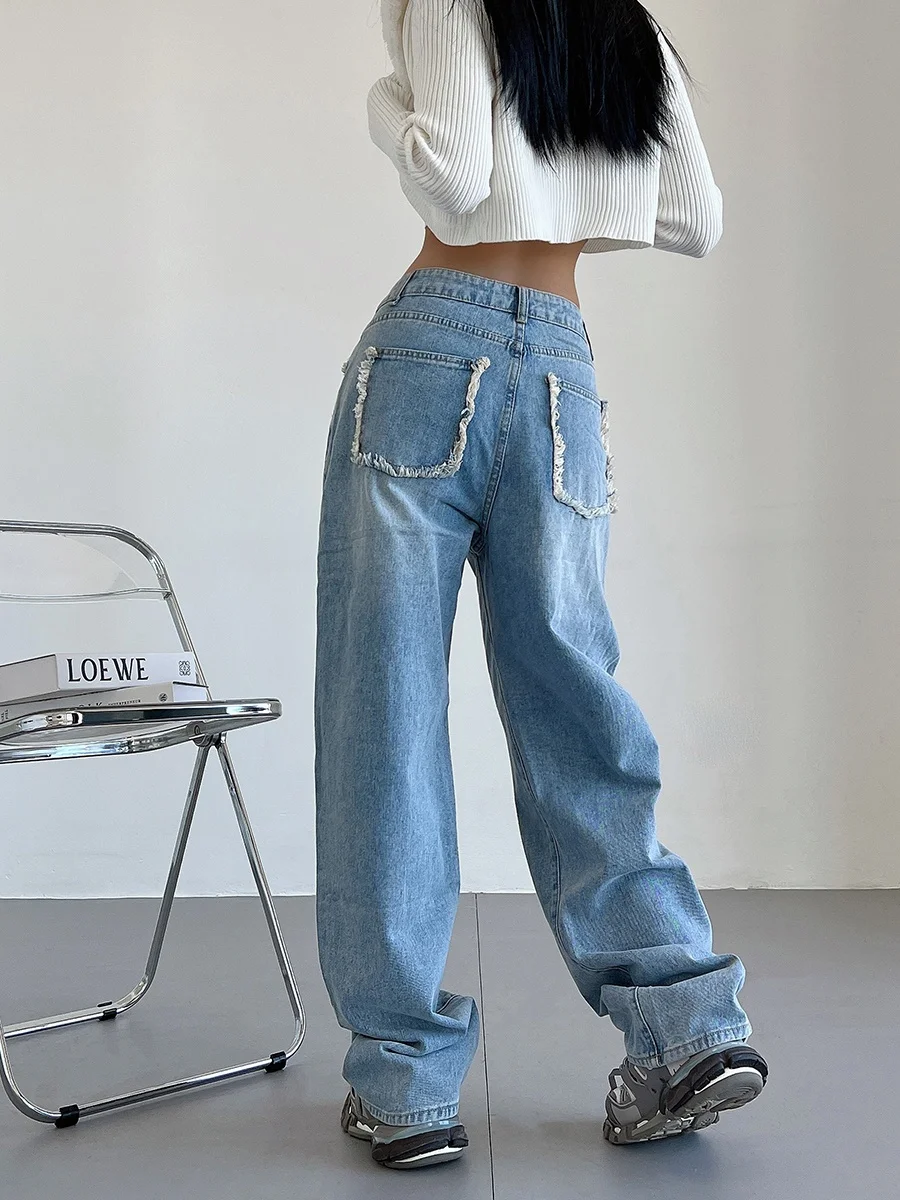 

Liviahome Sli Широкие брюки с высокой талией Женские осенне-зимние свободные прямые длинные брюки с рваными дизайнерскими джинсами