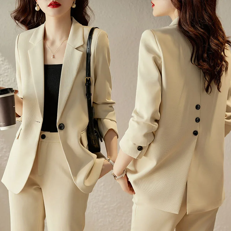 2023 Spring Long Sleeve Solid Color Apricot Women's Coat Two-Piece Set Work Clothes Boutique Business Wear Women's Pants Suit