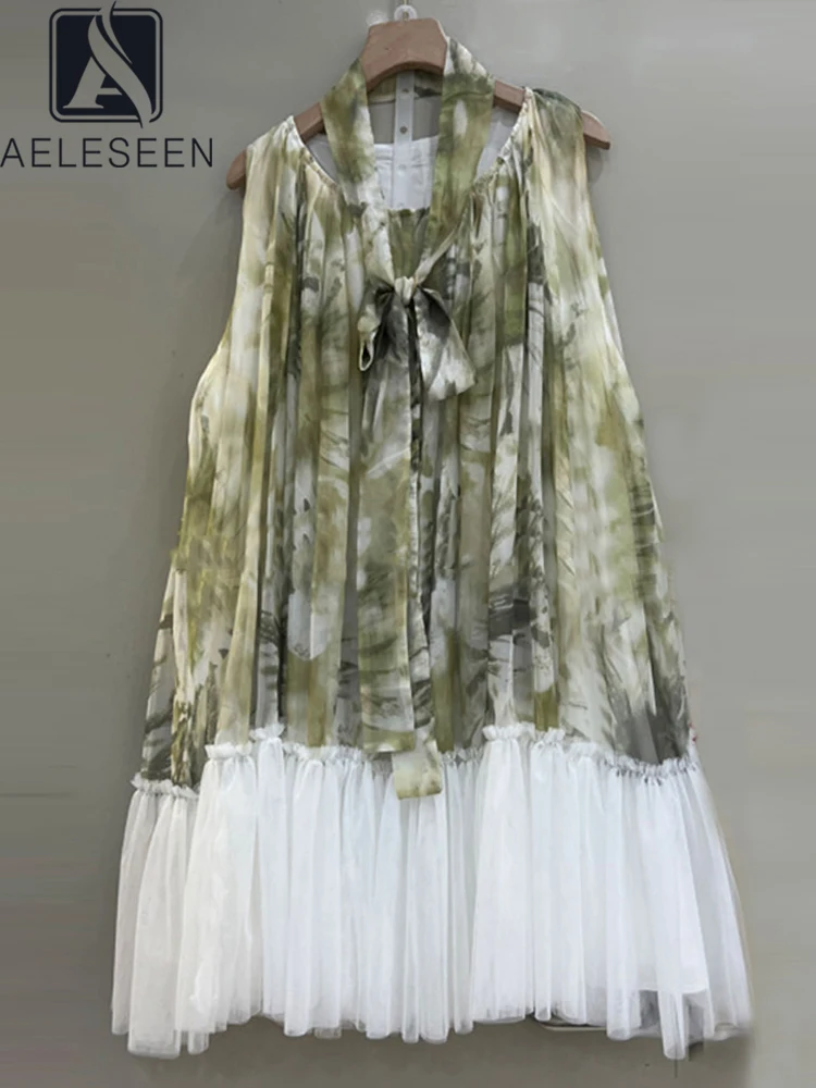 

AELESEEN Women Summer Casual Dress Design Fashion Sleeveless Flower Print Loose Patchwork Belt Ruffles Vacation Sweety Ladies