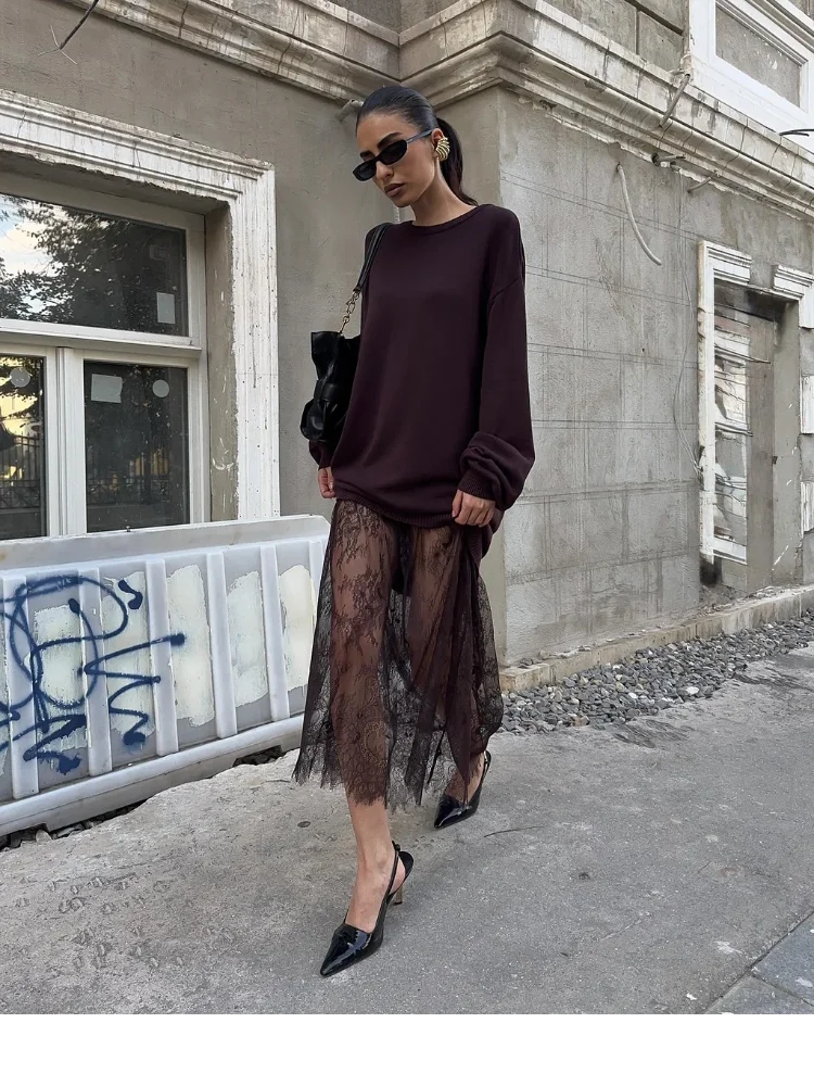 

Женский модный кружевной лоскутный длинный свитер, однотонный пуловер с круглым вырезом и длинными рукавами, осень 2024, новый уличный женский трикотаж