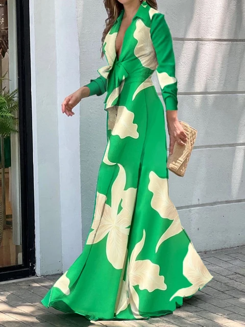 Jesienno-zimowa moda z dekoltem w szpic z długim rękawem Elegancka bluzka z nadrukiem Top z klapami Kobiety Jednolity kolor Luźny kombinezon z szerokimi nogawkami