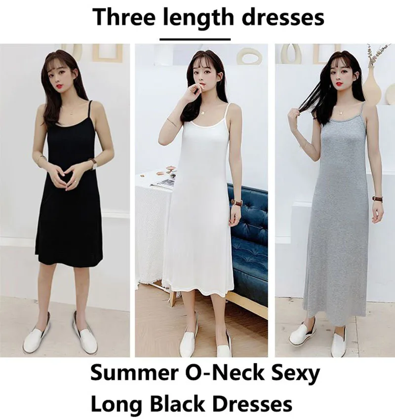 Verão o-pescoço sexy longo vestidos pretos topos até mesmo grande em torno do pescoço coreano meados de comprimento suspender saia das mulheres vintage vestido sem mangas