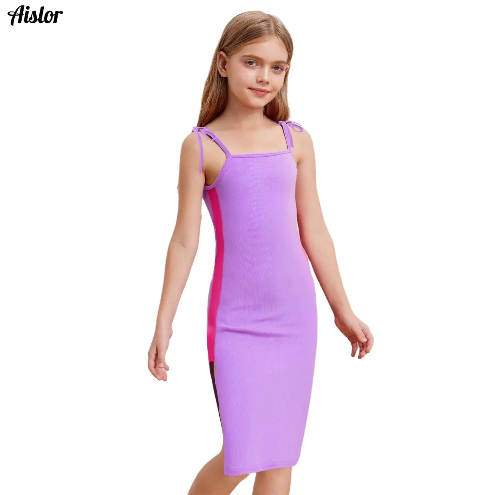 

Kids Girls Tank Dress Summer Lace-Up Spaghetti Straps Sleeveless Sides Slit Ribbed Bodycon Dress for Holiday Vacation Beachwear