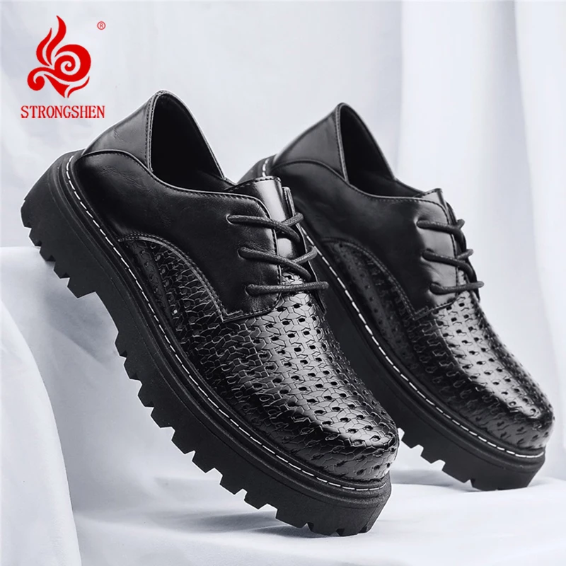 Summer Men's Leather Shoes Breathable Hollow Out Weave Shoes High-quality Business Office Luxury Dress Thick Soled Work Shoes