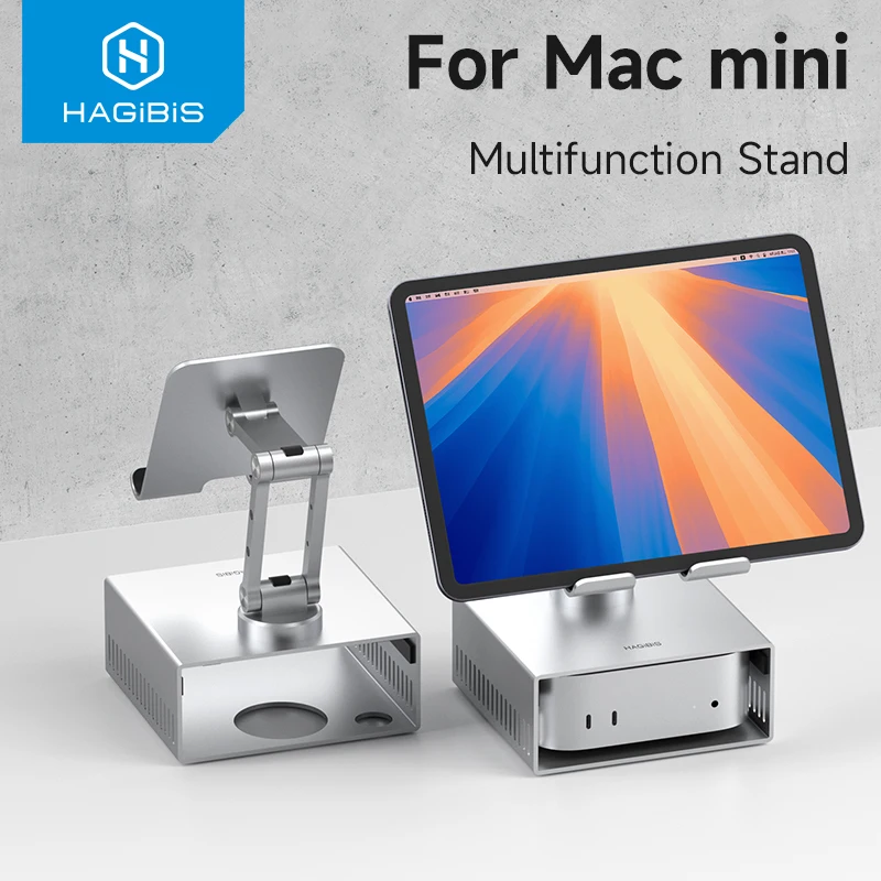 

Hagibis Desktop Stand for iPad Pro/Air Mac mini M4/M4 Pro Storage Metal Holder 360° Adjustable Foldable Multifunction Bracket