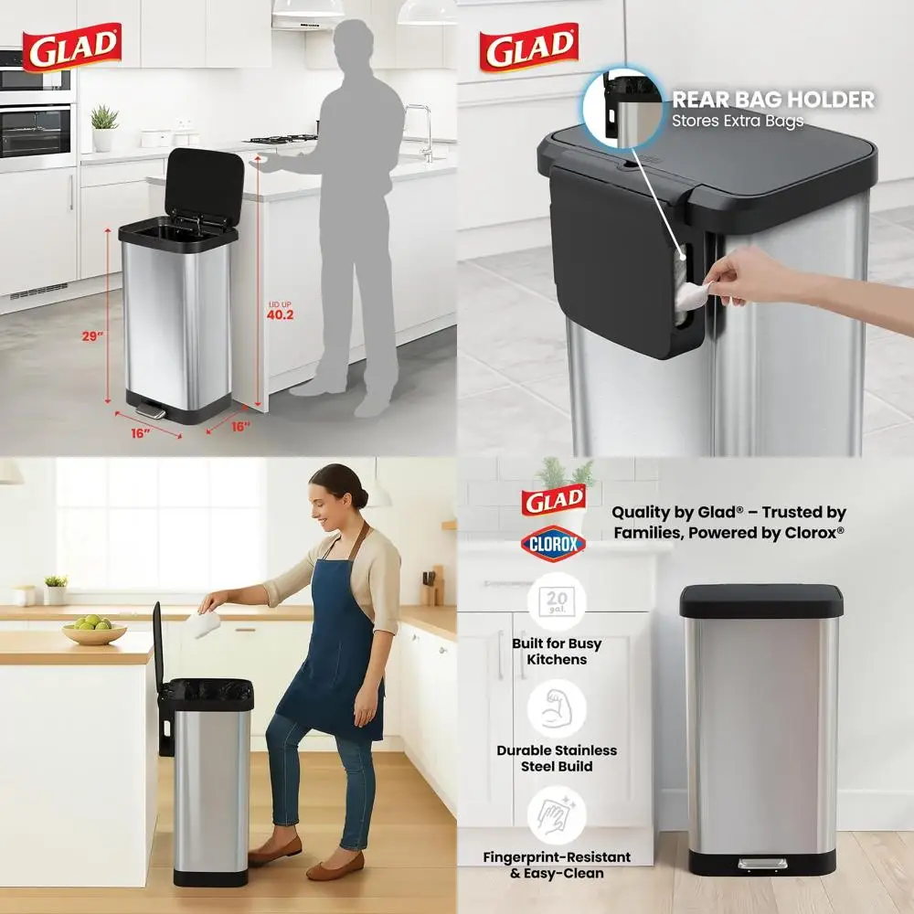 

Large 20 Gallon Stainless Steel Step Trash Can with Odor Protection, Soft Close Lid, and Pedal for Kitchen Waste