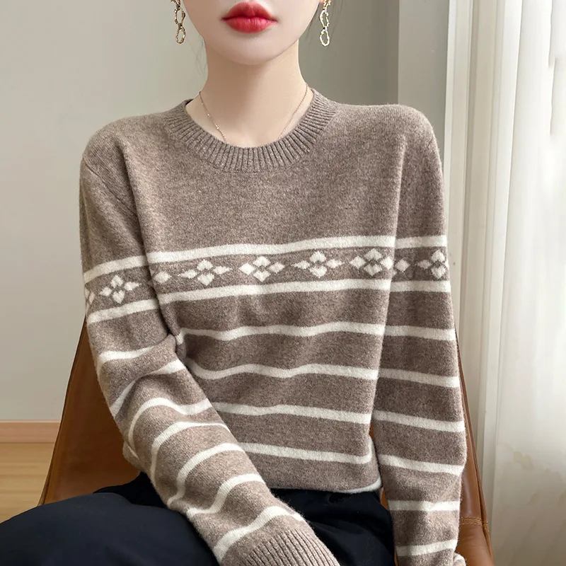 Autumn and Winter New Wool round Neck Women's Knitted Inner Match Contrast Color Striped Jacquard Comfortable Soft Glut