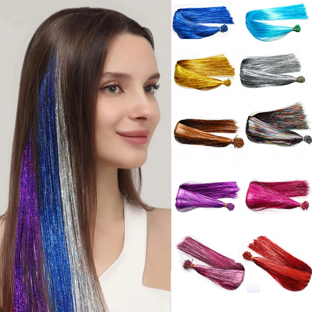 

50pcs/Pack I Tip Tinsel Hair Extensions Glitter Tinsel Hair Synthetic Fairy Hairpieces Dazzle Hair Accessories For Women Party