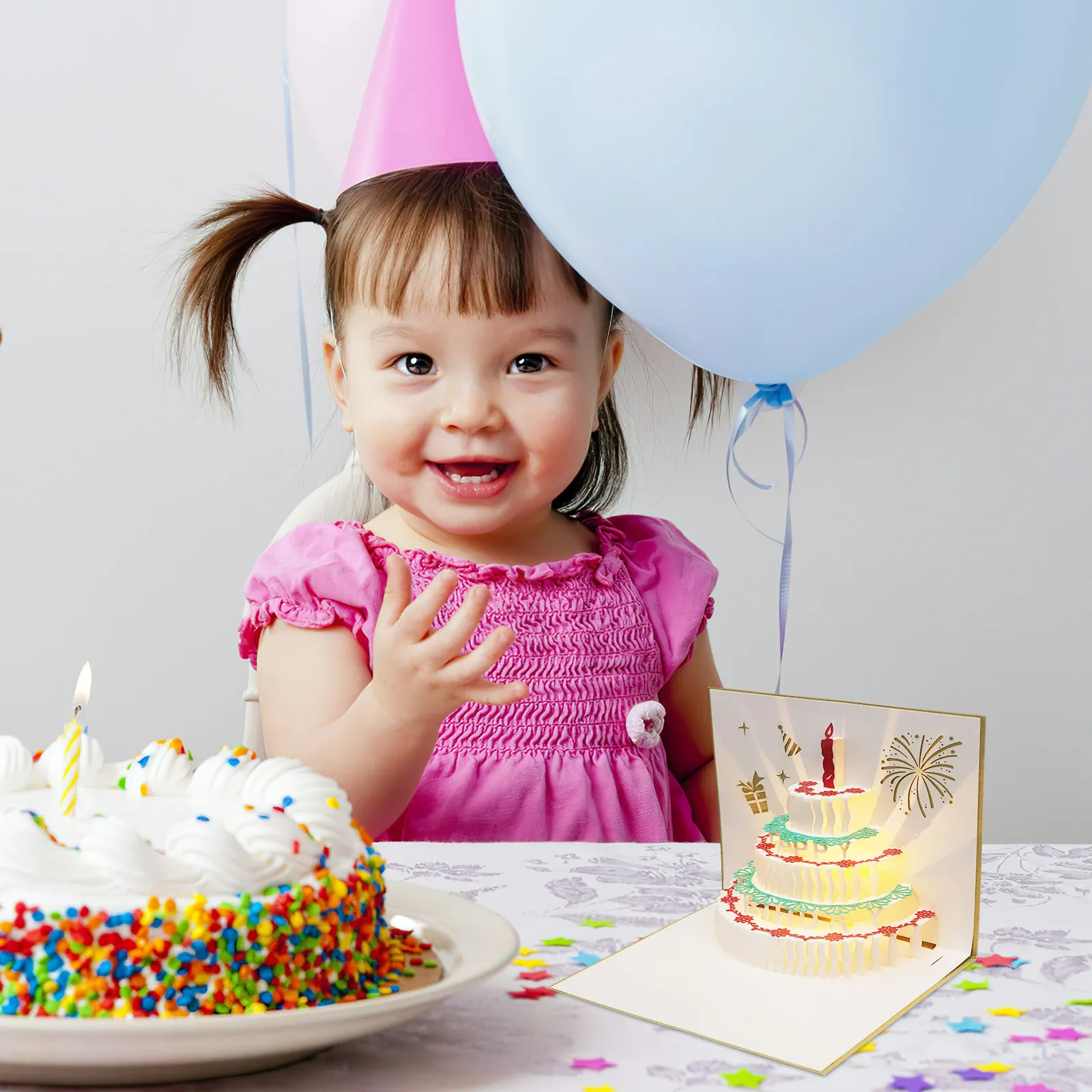 

3D Birthday Greeting Card with Music Light Up Effect Stereo Cake Design Blessing Card for Kids Friends Family Birthday Gift