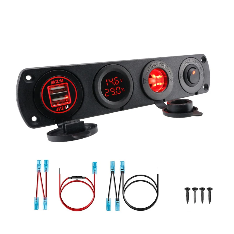 4 Holes Switch Panel Dual USB LED Port 12V Cigarette Lighter Socket Digital Thermometer Voltmeter  for Boat Car Truck