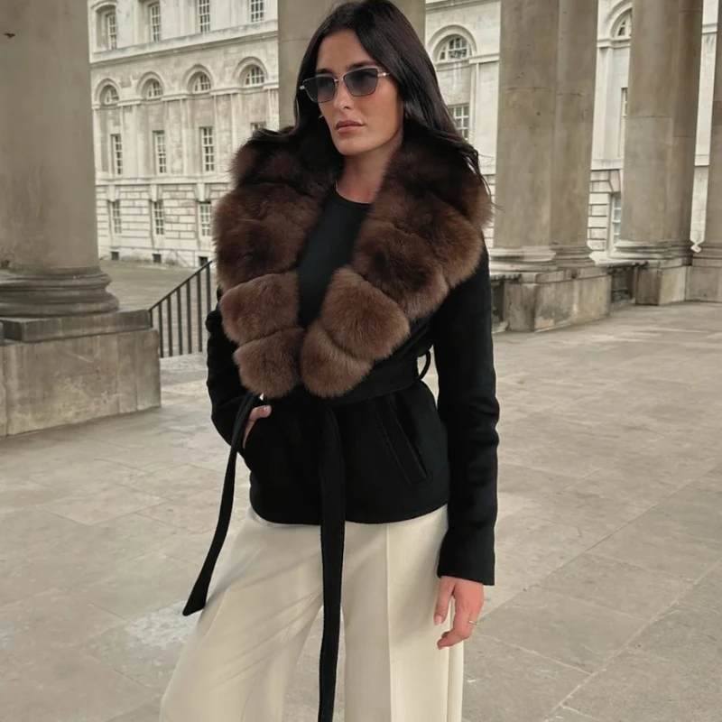 

TARUXY Double-Faced Wool Coat With Fox Fur Collar Women's Grace Lace-Up V-neck Long Sleeves Coat Winter New Fashion Warm Jacket