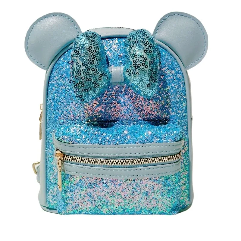 حقيبة ظهر ديزني ميني ماوس للفتيات بفيونكة صغيرة متألقة كرتونية لطيفة على الموضة هدية عيد ميلاد للمدرسة لرياض الأطفال