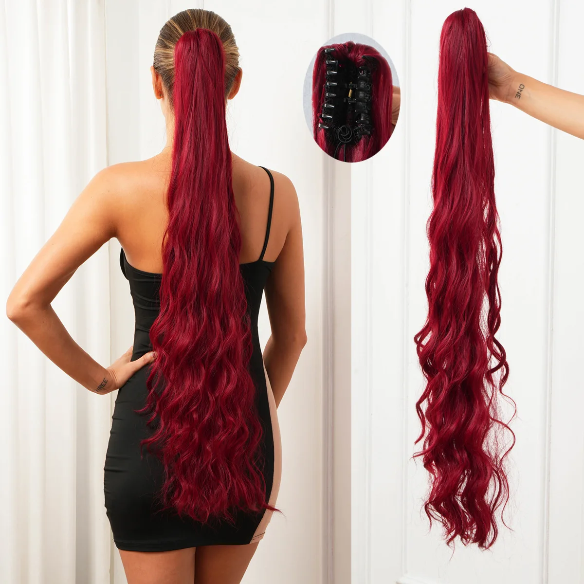 

Европейские и американские женские модные парики: винно-красные синтетические длинные волосы, хвост, аксессуары для париков