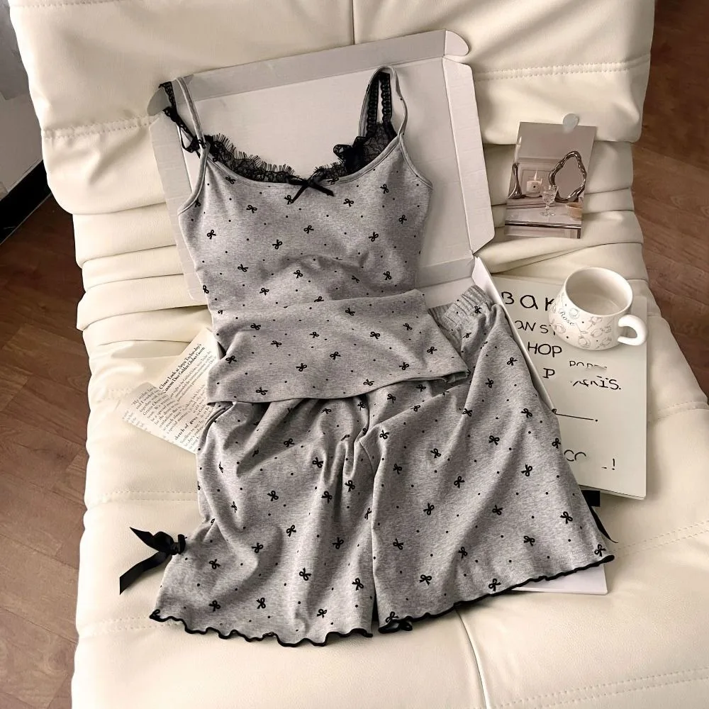 Dot Lace Bowknot Pajama Suit Square Neck Sleeveless Two Pieces Nightwear with Pads Slim Fit Lace Sleepwear Sets Lady Girl