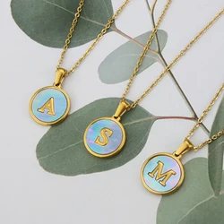 Fashion Blue Initial Letter Necklace for Women Men Stainless Steel A-Z Alphabet Circle Pendant Inlaid Shell Waterproof Necklaces