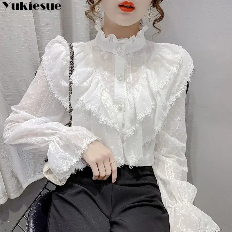 

Korean Stand Collar Pleated Top Spring Ruffle Stitching Leisure Harajuku Elegant Lace Blouse Long Sleeve Loose Chiffon Shirts