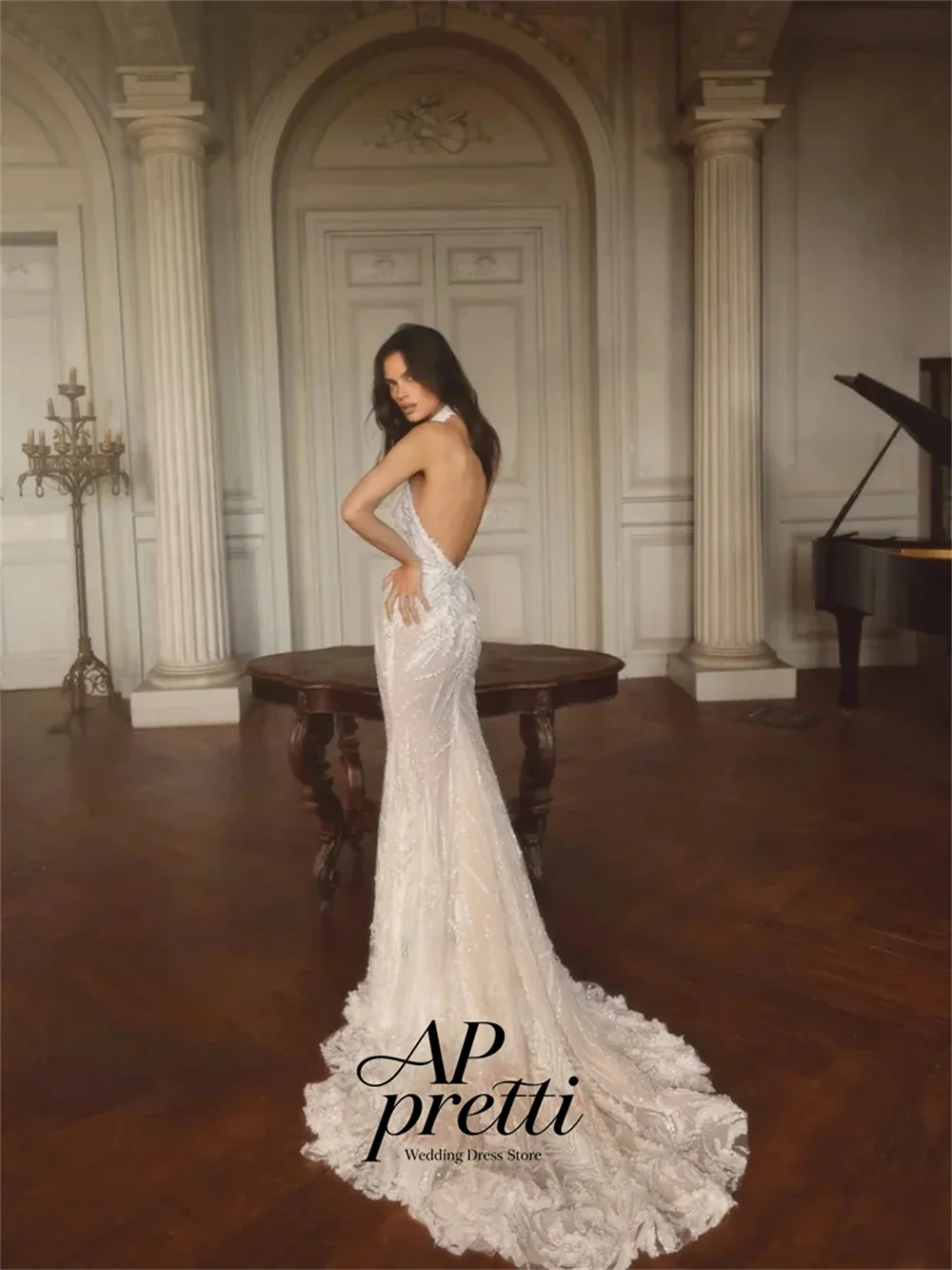 AP pretti Customized Classic Halter Lace Beaded Wedding Dresses For Woman Sleeveless Backless Mermaid With Train Bridal Gown