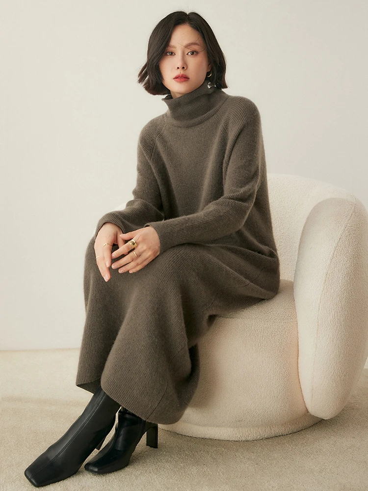 Women 100% Cashmere Sweater Dresses Turtleneck One-piece Dresses Autumn Winter Thick Soft Cashmere Knitwear Grace Simple Style